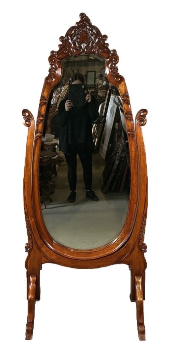 Rococo Style Carved Mahogany Mirror: Rococo Style Carved Mahogany Mirror.Measures 30"h x 35"l x 14.25"w. Condition: Cracks to wood handles, patina, and scratches.
