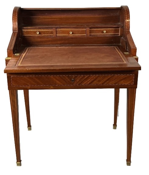 Louis XVI Style Marquetry Inlaid Roll Top Desk: Louis XVI style roll top desk. Marquetry inlaid with leather covered desk and brass accents. Measures 38.75"h x 29.5"w x 19"d. Condition: Some scratches and loss to finish.