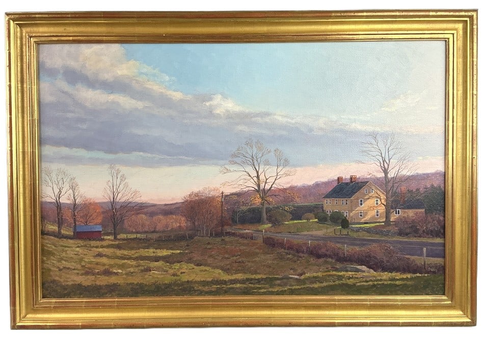 T Adkins (American, 20th C) Landscape Oil Painting: Thomas Adkins (American, 20th Century) oil on canvas painting. Signed lower right. Landscape. Local Southbury, Connecticut artist. Sight measures 23.5"h x 37.5"w. Condition: Good, some wear to frame.
