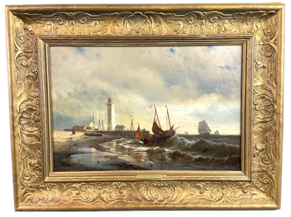Mauritz de Haas (Dutch, 1832-1895) Oil Painting: Mauritz de Haas (Dutch, 1832-1895) oil on canvas painting. Signed lower left. Maritime scene. Sight measures 11.75"h x 17.5"w. Condition: Craquelure throughout.