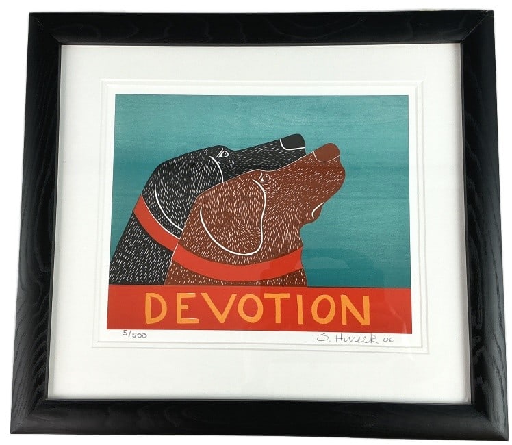 Stephen Huneck (American, 1948-2010) Lithograph: Stephen Huneck (American, 1948-2010) lithograph. Signed, dated, and numbered on the margin, 2006, 5/500. Devotion. Sight measures 11"h x 13.5"w. Label on verso from Stephen Huneck Gallery. Condition: 