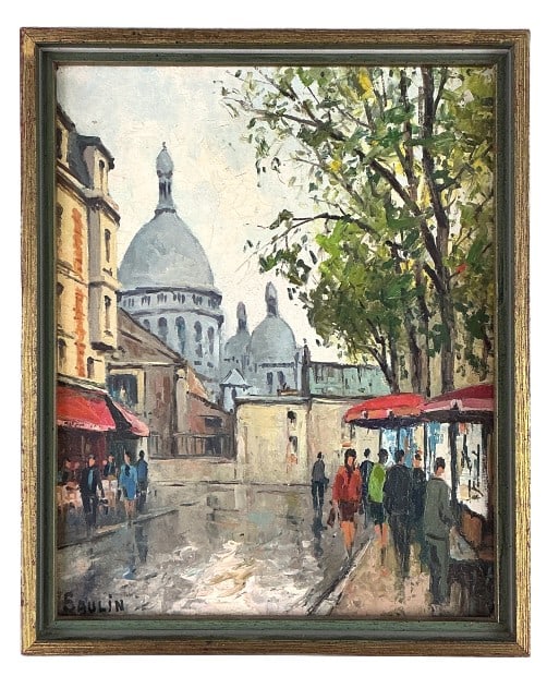 Saulin (French, 20th C.) Montmartre Oil Painting: Saulin (French, 20th Century) oil on canvas painting. Signed lower left. Signed and inscribed on the verso, Montmartre, Rue Norvins. Parisian street scene. Sight measures 10.25"h x 8"w. Condition: Cra