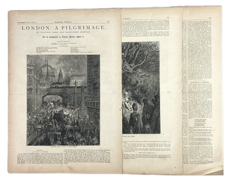 1872 "London: A Pilgrimage" by Gustave Dore: Group of unbound pages from a Harper?s Weekly Supplement dated July 6,1872. Part of "London: A Pilgrimage" by Gustave Dore and Blanchard Jerrold featuring engravings Dore. Pages 537-544. Pages measure