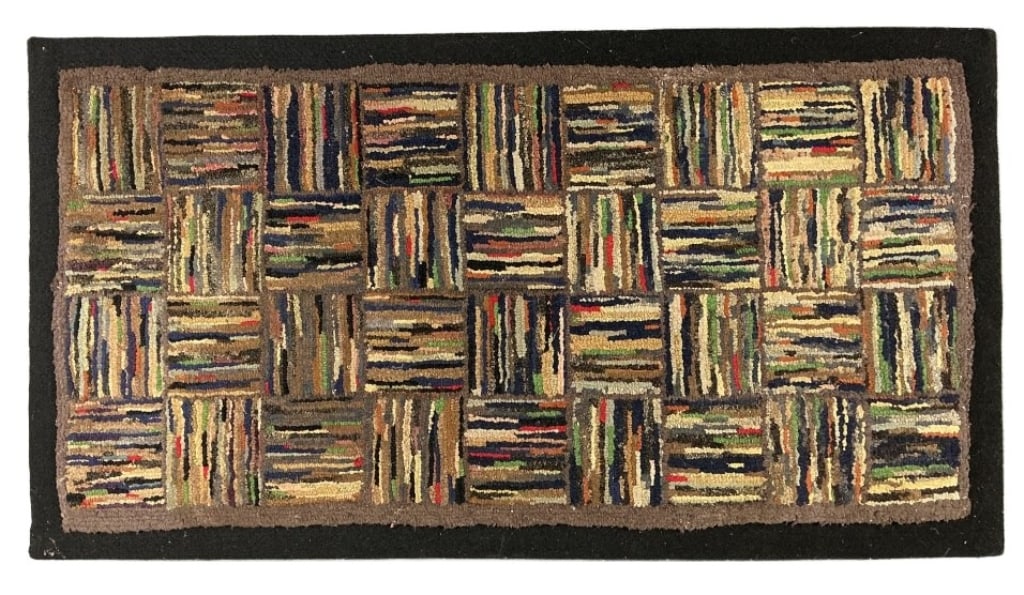 American Folk Art Hit & Miss Hooked Rug: American folk art hand hooked rug mounted on fabric. Hit & Miss pattern, multicolor basket weave design. Measures 18"h x 34"w (mounted). Condition: Discoloration and rubbing.