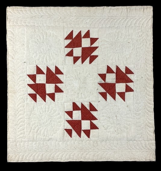 Antique Anvil Pattern Quilt Block: Antique quilt block mounted on fabric and board. Anvil pattern in red and white. Measures 29.74"h x 28"w. Condition: Stains.