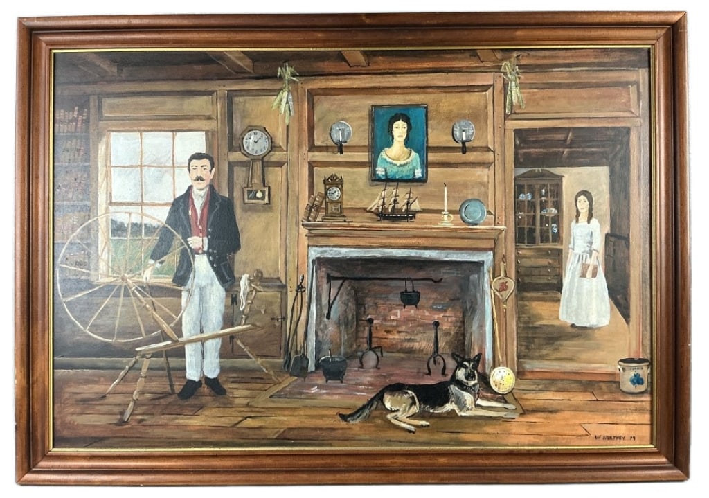 William Northey (American, 20th C) Oil Painting: William Northey (American, 20th Century) oil on board painting. Signed and dated lower right, 1979. Interior scene with figures and spinning wheel. Sight measures 23.5"h x 35.5"w. Condition: Some