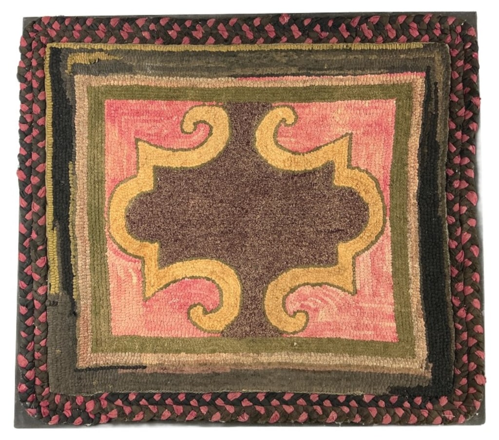 Antique American Folk Art Hand Hooked Rug: Antique American folk art hand hooked rug mounted on fabric. Geometric design with braided border. Measures 32"h x 36"w (mounted). Condition: Discoloration, rubbing, pulling, and some tears.