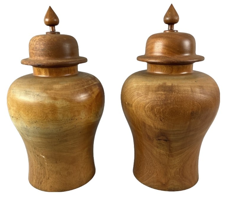Pair of Hand Turned Mahogany Ginger Jars: Pair of mahogany ginger jars hand turned from single logs. Measure 23"h x 12"dia. Condition: Some cracks to wood, scratches.