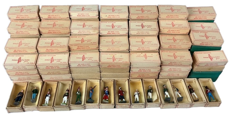 Large Grouping of Mauro Lead Toy Soldiers: Large grouping of Mauro hand painted lead toy soldiers. Assorted figures. Sizes vary, approximately 2.5"h. Condition: Some broken pieces, chipped paint, bending.