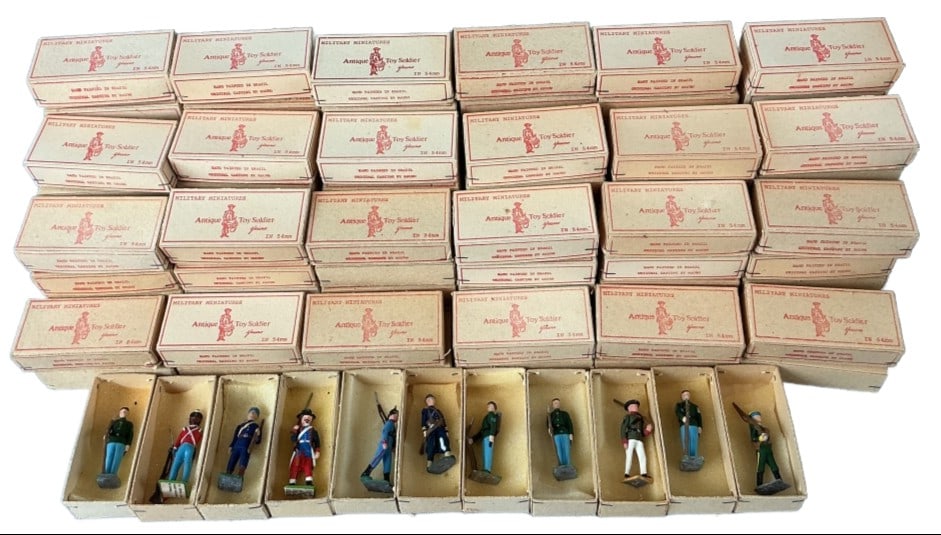 Large Grouping of Mauro Lead Toy Soldiers: Large grouping of Mauro hand painted lead toy soldiers. Assorted figures. Sizes vary, approximately 2.5"h. Condition: Some broken pieces, chipped paint, bending.