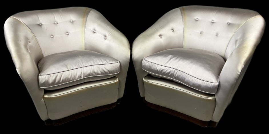 Pair of Button Tufted Barrel Lounge Chairs: Pair of button tufted barrel lounge chairs with satin upholstery. Measures 26"h x 32.5"w x 33.5"d. Condition: Some stains, rubbing.