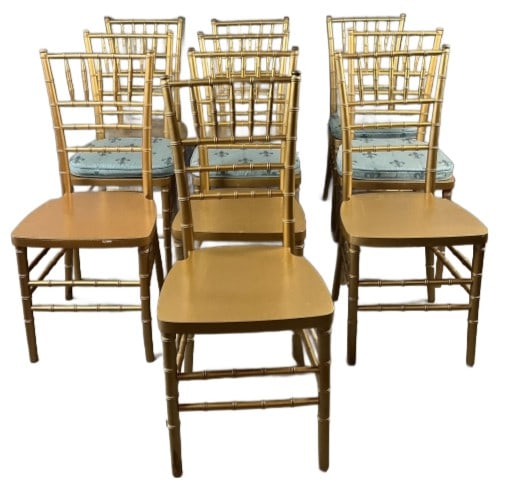 Set of 10 Giltwood Dining Banquet Chairs: Set of 10 giltwood dining banquet chairs. Measures 36.5"h x 16"w x 16"d. Condition: Some scratches, loss to gilt, chipped wood.