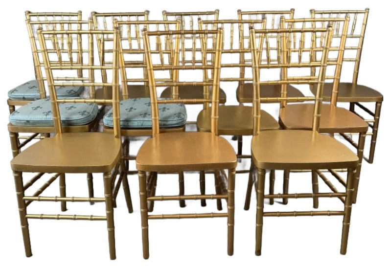 Set of 12 Giltwood Dining Banquet Chairs: Set of 12 giltwood dining banquet chairs. Measures 36.5"h x 16"w x 16"d. Condition: Some scratches, loss to gilt, chipped wood.