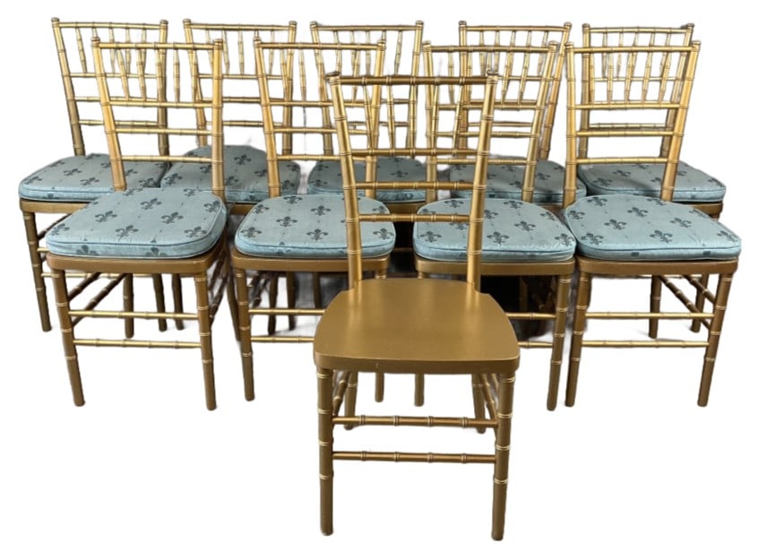Set of 10 Giltwood Dining Banquet Chairs: Set of 10 giltwood dining banquet chairs. Measures 36.5"h x 16"w x 16"d. Condition: Some scratches, loss to gilt, chipped wood.