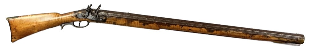 19th C. J. Bishop Flintlock Curly Maple Rifle: 19th Century J. Bishop flintlock long rifle with curly maple stock. Marked on the lock. Measures 53.5"l. Condition: Some scratches, piece of replaced metal.