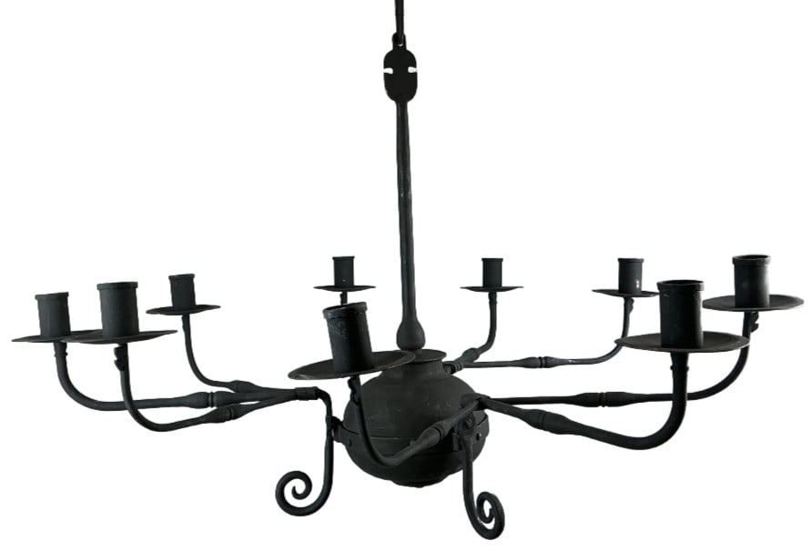 Black Metal 9 Light Scroll Arm Chandelier: Black metal 9 light chandelier with scrolled arms. Measures 21.5"h x 31.5"dia. Condition: Some scratches.