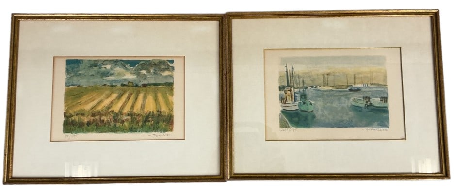 2 Roger Forissier (French, 1924-2003) Lithographs: 2 Roger Forissier (French, 1924-2003) color lithographs. Signed and numbered on the margins. Comprised of: Landscape with field (88/175). Boats in a harbor (118/175). Sights measure 7.5"h x 11.25"w. C