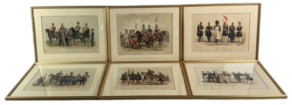 Grouping of 19th C French Military Lithographs: Grouping of 6 19th Century hand colored lithographs. French military subjects. Published by Martinet Hautecoeur, Paris. Sights measure 11.25"h x 16.5"w. Condition: Foxing to paper.