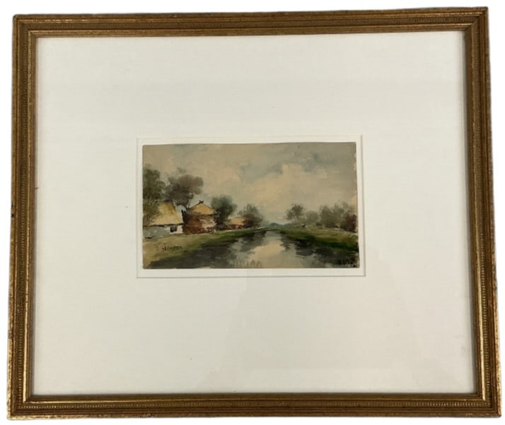 Charles P. Gruppe (Canadian, b.1860) Watercolor: Charles Paul Gruppe (Canadian/American, 1860-1940) watercolor painting. Signed lower left. Dutch scene. Painting measures 4.5"h x 8"w. Condition: Good.