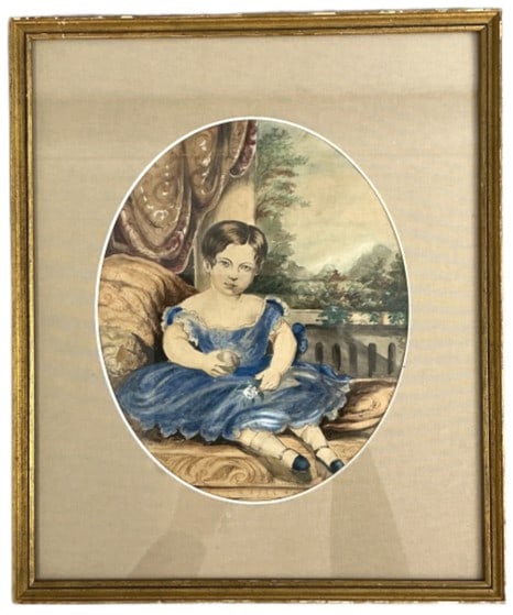 19th Century Watercolor Portrait of a Child: 19th Century watercolor portrait of a child. Sight measures 10"h x 8.25"w. Condition: Old repair, foxing, tears under mat.