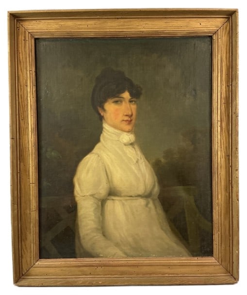 19th C British School Portrait of a Lady Painting: 19th Century British school oil on canvas painting. Portrait of a lady. Inscribed illegibly on the verso. Sight measures 29.25"h x 23.25"w. Condition: Old restorations, craquelure, loss to paint.