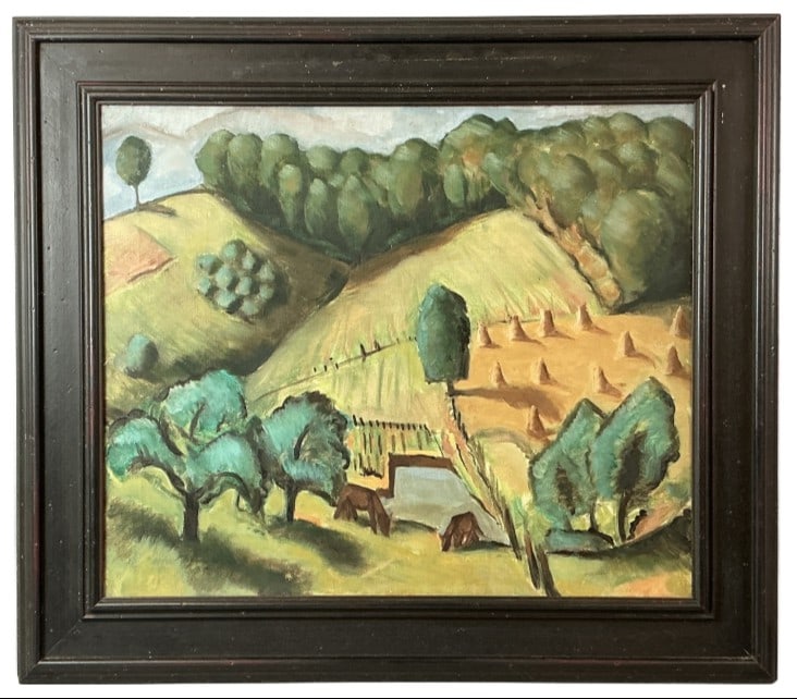 Landscape with Animals Oil Painting: Oil on canvas painting. Landscape with animals. Sight measures 19.75"h x 23.5"w. Condition: Some scratches and marks to canvas.