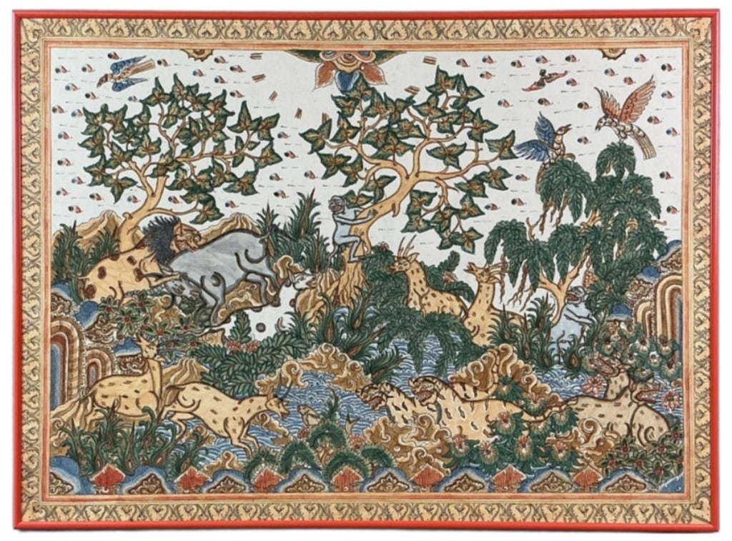 Balinese Kamasan Folk Art Textile Painting: Balinese folk art Kamasan style textile painting. Animals and landscape. Sight measures 23"h x 31.5"w. Condition: Good.