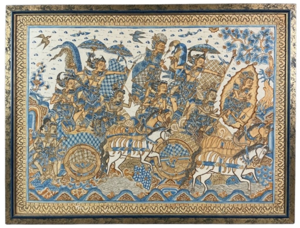 Balinese Kamasan Folk Art Textile Painting: Balinese folk art Kamasan style textile painting. Hindu mythology subject. Sight measures 23.25"h x 31.5"w. Condition: Good.