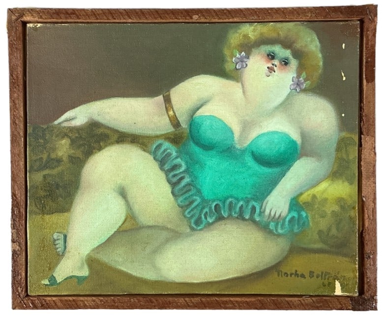 Norha Beltran (Bolivian, b. 1929) Oil Painting: Norha Beltran (Bolivian, b. 1929) oil on canvas painting. Signed lower right. Seated woman. Measures 8.75"h x 10.5"w. Condition: Some loss to paint and residue around edges.