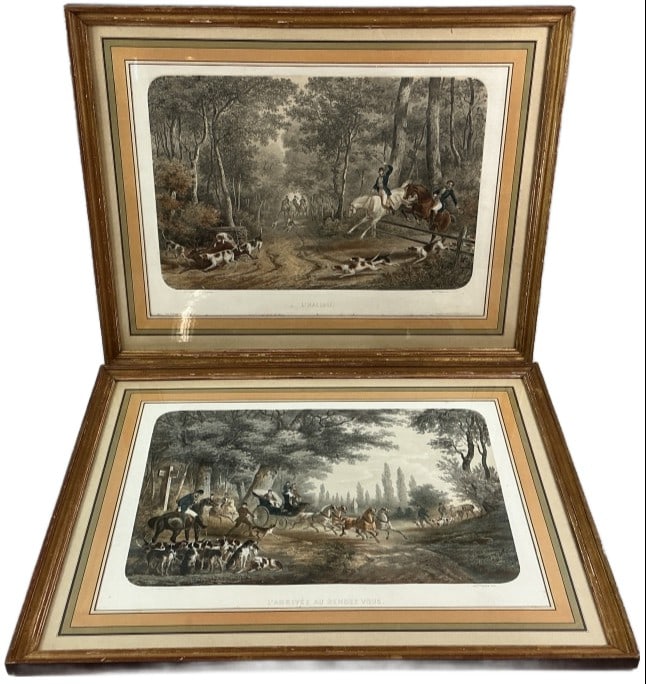 2 French Equestrian Hunting Scene Lithographs: 2 French hand colored lithographs. Equestrian hunting scenes. Sights measure 14"h x 19.5"w. Condition: Some foxing to paper.