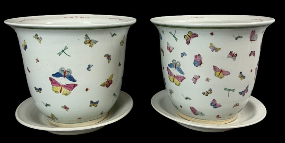 Pair of Asian Porcelain Butterfly Planters (1 of 4)