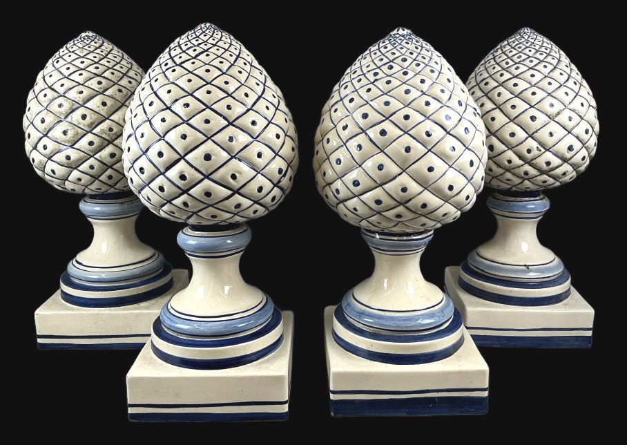 Set of 4 Large Ceramic Pineapple Finials: Set of 4 large ceramic pineapple finials in blue and white. Measure 26"h x 11"dia. Condition: One with old repair on base. Scratches, crazing, and small chips to all pieces.