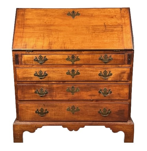 19th Century American Maple Fall Front Desk: 19th century American maple fall front desk. Measures 42"h x 38.5"w x 20.25"d. Condition: Overall wear, scratches, scuffs. Missing pull out knobs. Old repairs.