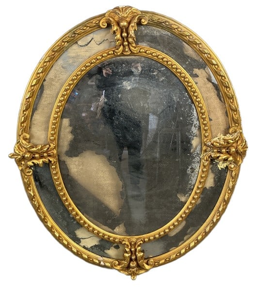 Georgian Style Giltwood Mirror: Georgian style giltwood mirror. Measures 48"h x 41"w. Condition: Loss of silvering to mirror, loss of gilt and gesso, old repairs.