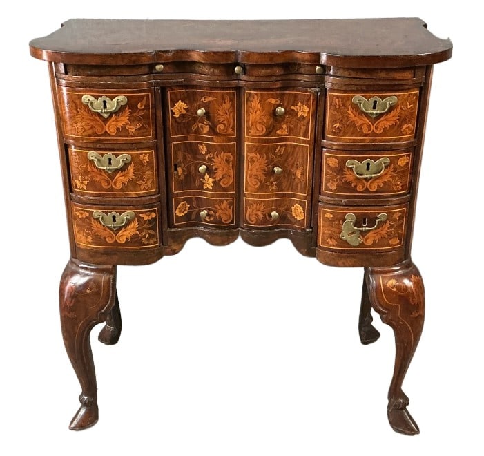 18th C Dutch Marquetry Dressing Table: 18th Century Dutch marquetry dressing table. Measures 31"h x 49"w x 14"d. Condition: Some scratches, scuffs, and chipped wood. One broken handle plate. Loose back panel.