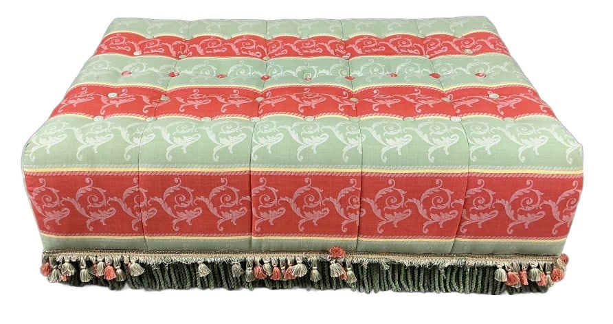 Upholstered Button Tufted Ottoman: Striped upholstered tassel trim button tufted ottoman in green and red. Measures: 16"h x 48"w x 30"d. Condition: Some stains and loss to tassels.
