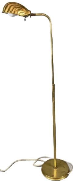 Vintage Brass Shell Shade Floor Lamp: Vintage brass floor lamp with shell motif shade. Measures 53"h x 9"dia base. Condition: Untested. Some dents, scratches, needs polishing.