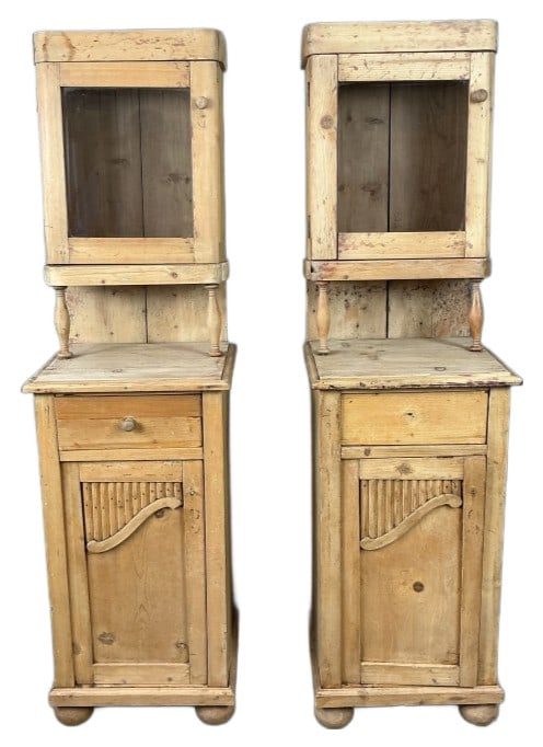 Pair of French Pine Nightstands with Cabinets: Pair of French pine nightstands with cabinets. Measures 55"h x 15.5?w x 15.25?d. Condition: Missing some knobs. Overall wear. Top cabinets not attached.