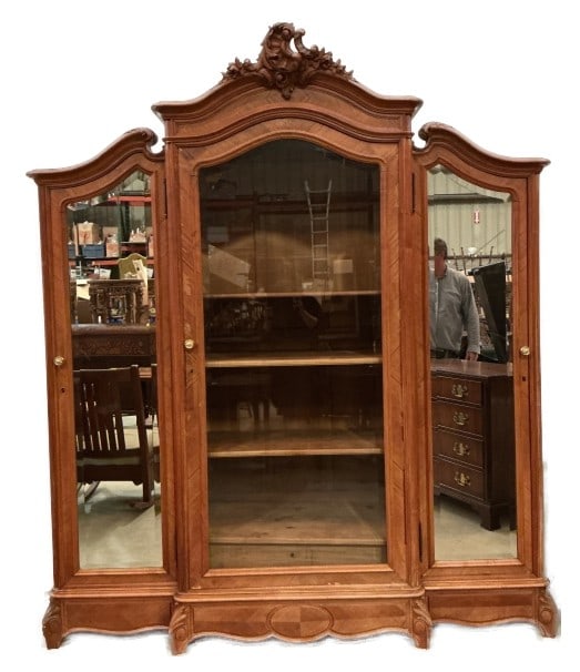 Louis XVI Style Walnut Armoire: Louis XVI style walnut armoire. Measures 94"h x 80"w x 18"d. Condition: Some loss of veneer, scratches and scuffs. Chipped top finial.