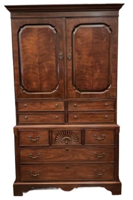 Queen Anne Style Mahogany Armoire: Queen Anne style mahogany armoire. Measures 80"h x 45.75”w x 21”d. Condition: Some scratches and scuffs.