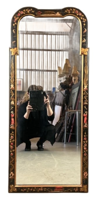 Queen Anne Style Chinoiserie Mirror: Queen Anne style Chinoiserie mirror. Measures 48.5"h x 21"w. Condition: Some open seams and loss to paint.