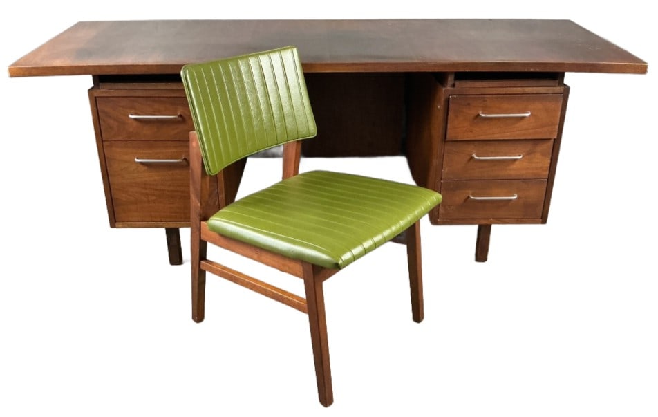 Mid Century Modern Marble Imperial Desk & Chair: Mid Century Modern Marble Imperial office desk with green upholstered chair. both pieces signed Marble Imperial. Desk measures 29"h x 84?w 37?d. Condition: Scratches and scuffs, chipped wood, overall 