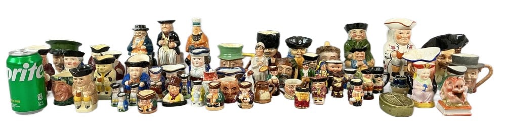 Large Grouping of Character Jugs & Other Articles: Large grouping of character jugs and other articles. Comprised of: 57 total pieces including Royal Doulton, Beswick, Tony Wood, Wood & Sons, Doulton Lambeth and others. Tallest piece measures 6"h. Con