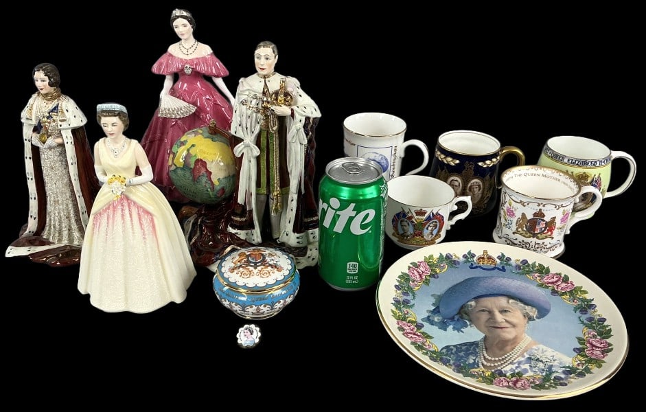 Grouping of Carlton Ware Queen Elizabeth & Others: Grouping of Carlton Ware Queen Elizabeth II and George IV figurines and others. Comprised of: Pair of 1937 Carlton Ware Queen Elizabeth II and George IV Coronation figurines. 2000 Royal Worcester Quee