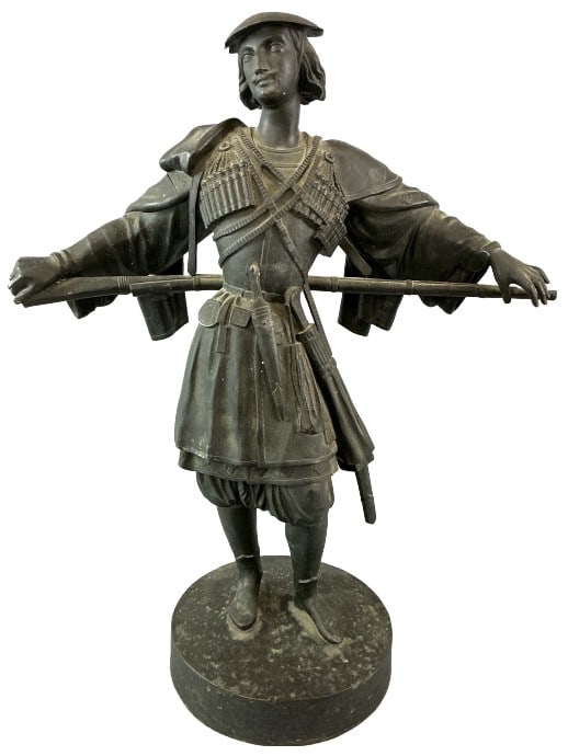 Bronze Figurine of a Soldier: Bronze figurine of a soldier. Measures 20"h x 15.5"w x 7.5"d. Condition: Cracked on arms.