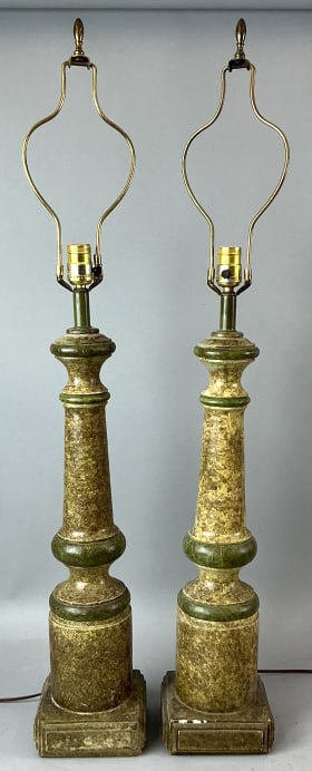 Pair of Green Faux Marble Lamps: Pair of green faux marble lamps. Paint decorated. Measure 28.25"h x 6.25" square. Condition: Untested. Some scratches and chips to paint.
