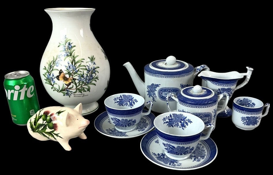 Group of Spode, Royal Worcester, Wemyss Articles: Grouping of Spode, Royal Worcester, and Wemyss articles. Comprised of: 8 piece Spode Fitzhugh pattern tea set. Royal Worcester vase Wemyss pottery pig figurine. Vase measures 10.25"h x 6?dia. Conditio