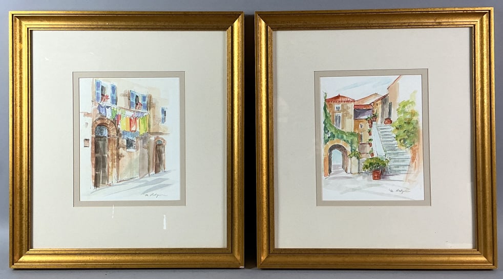 Pair of Martha Rogers (American, 20th C) Paintings: Pair of Martha Rogers (American, 20th Century) watercolor paintings. Signed on lower right. Street scenes. Sights measure 11"h x 9"w. Condition: Good.