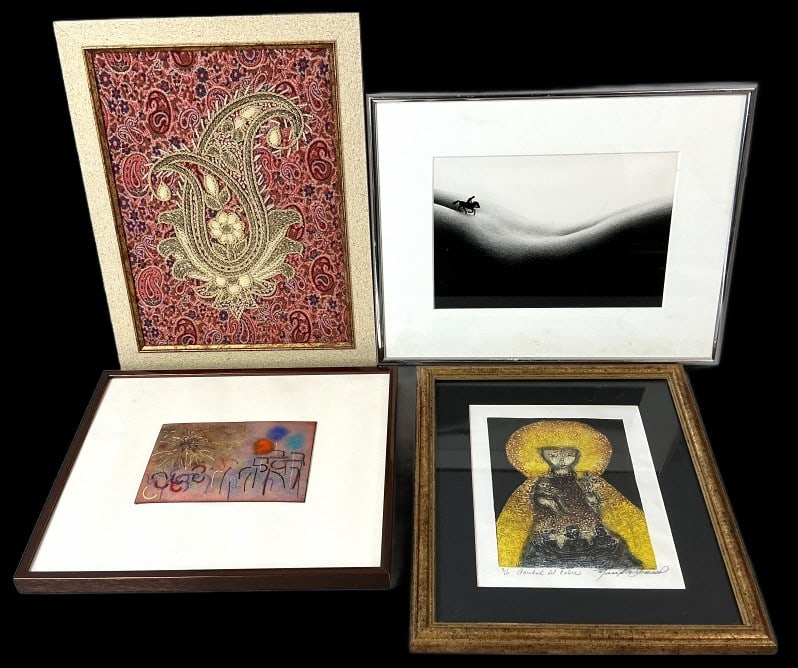 Grouping of Artwork, Jimenez, Teger, Carideo: Grouping of artwork. Comprised of: Martha Jimenez (Cuban, b. 1948) etching, signed and numbered 7/10. Marguerite Carideo "4th of July" enamel on copper. Allan I. Teger "Bodyscapes" photograph. Iranian