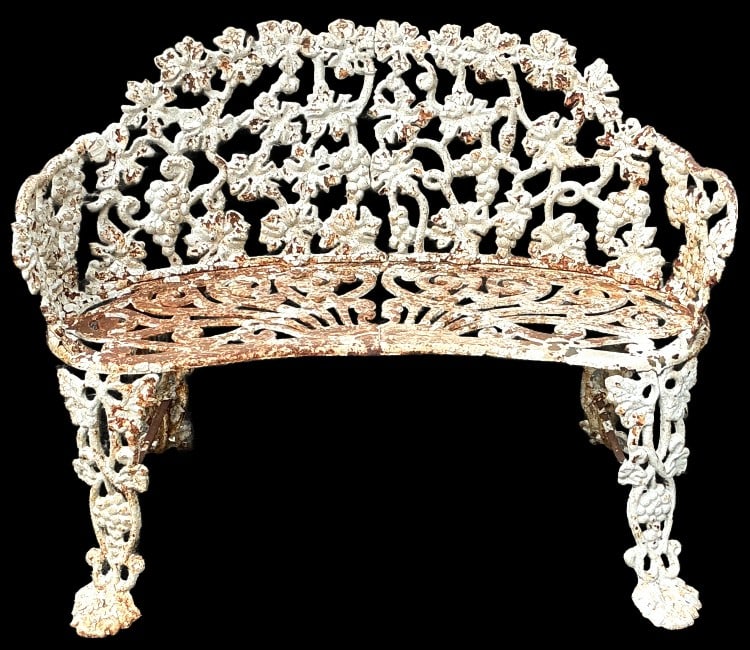 Cast Iron Grape & Vine Loveseat: Cast iron grape and vine loveseat. Measures. 28.5"h x 38?w x 21?d. Condition: Some loss of paint, minor surface rust.